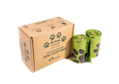Oh Crap biodegradable dog poop bags box with two green rolls showing paw print design, 40-bag supply