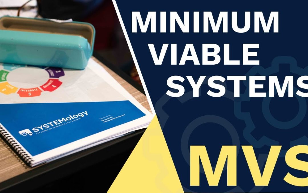 SYSTEMology workbook and process diagram on a desk beside a Minimum Viable Systems MVS video thumbnail