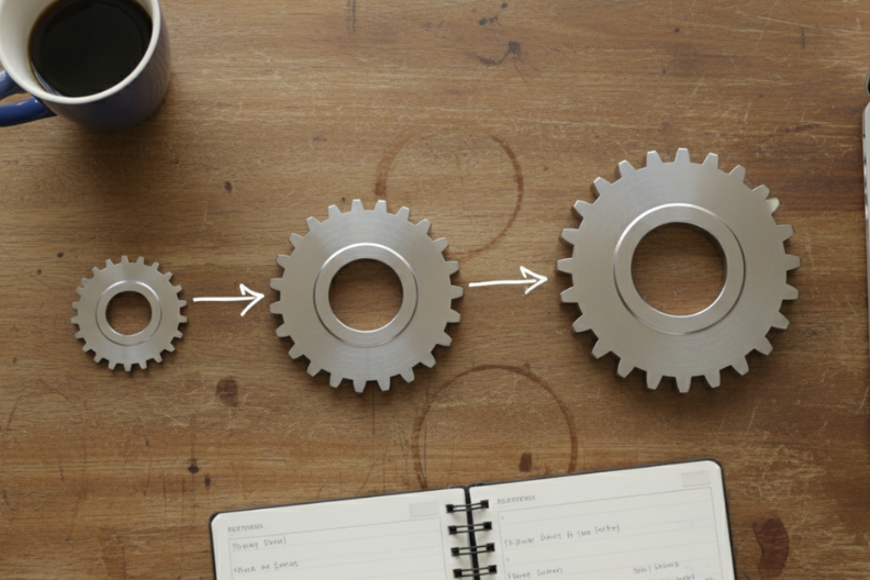 Three metal gears in ascending size connected by white arrows on a wooden desk with coffee cup and notebook