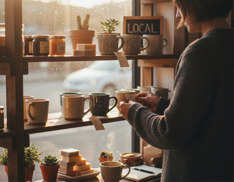 Shop owner adjusting price tags on a shelf of mugs
