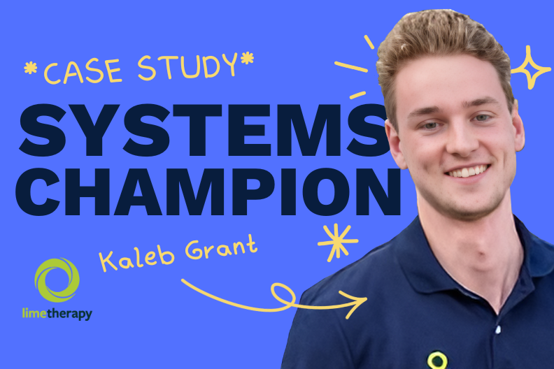 SYSTEMology case study – Systems Champion Kaleb Grant from Lime Therapy on blue background