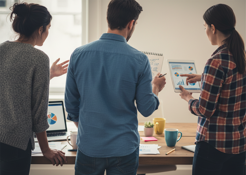 Three colleagues reviewing charts together in an office