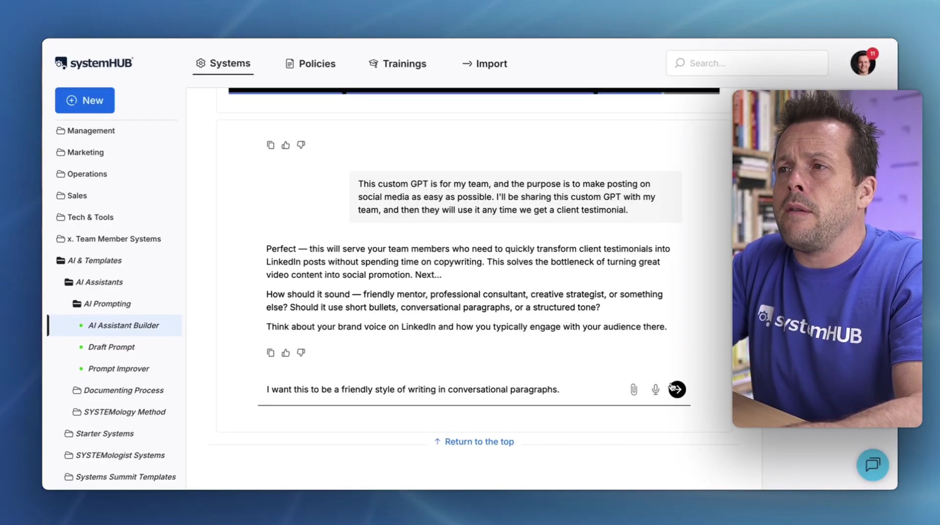 David Jenyns answering the AI Assistant Builder's clarifying questions in systemHUB