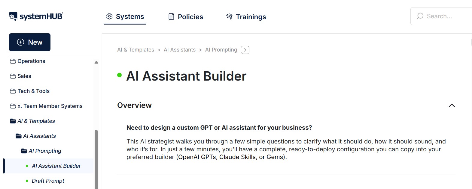 The AI Assistant Builder inside systemHUB