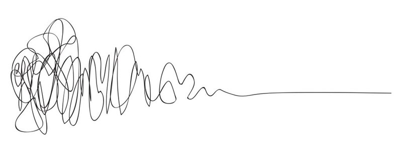 A tangled scribble resolving into a single straight line