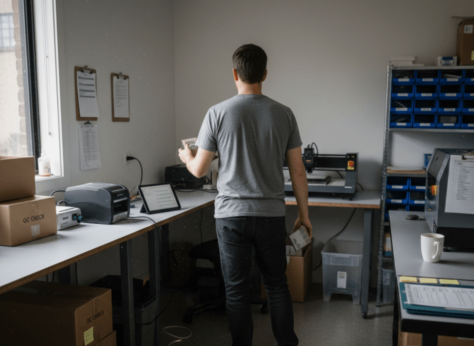 man contemplating work desk
