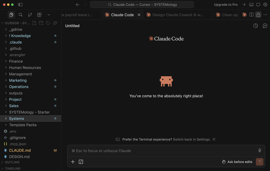 Claude Code open on a real business workspace, showing Finance, Marketing, Operations and Sales folders