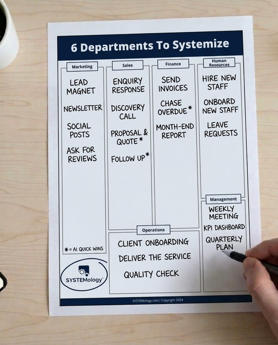 A hand-filled 6 Departments To Systemize worksheet, with the AI quick wins starred